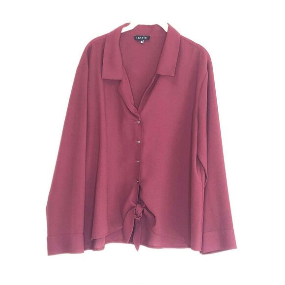 1 State Womens Blouse XL Cranberry Ties at Waist Long Sleeve Career - Picture 1 of 6